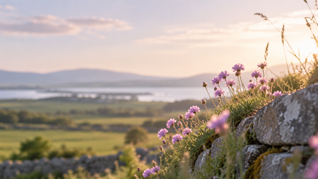 Countryside landscape with wildflowers at sunset